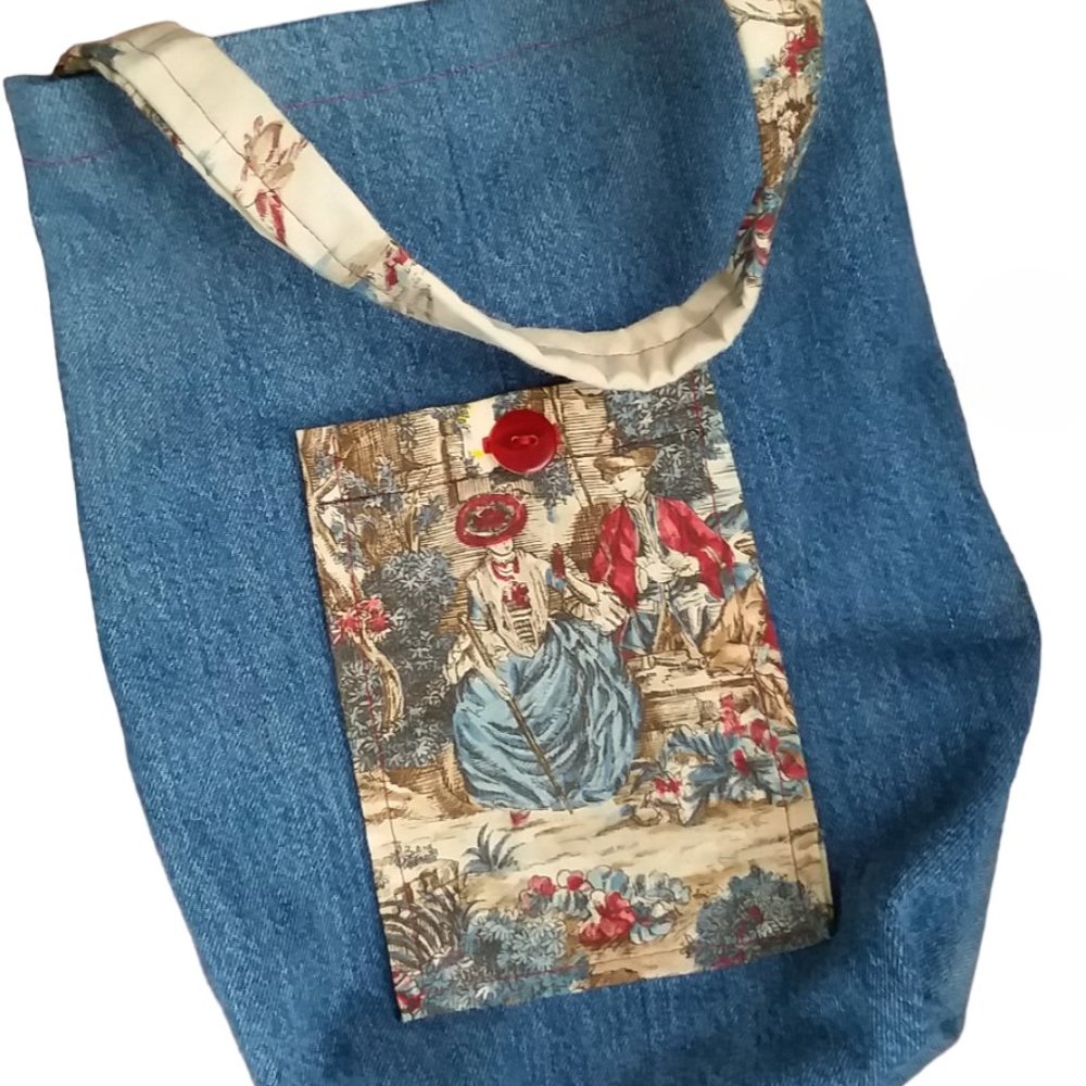 Vintage Handmade Denim Bag with Front Pocket and Bottom Gusset 13" x 11"